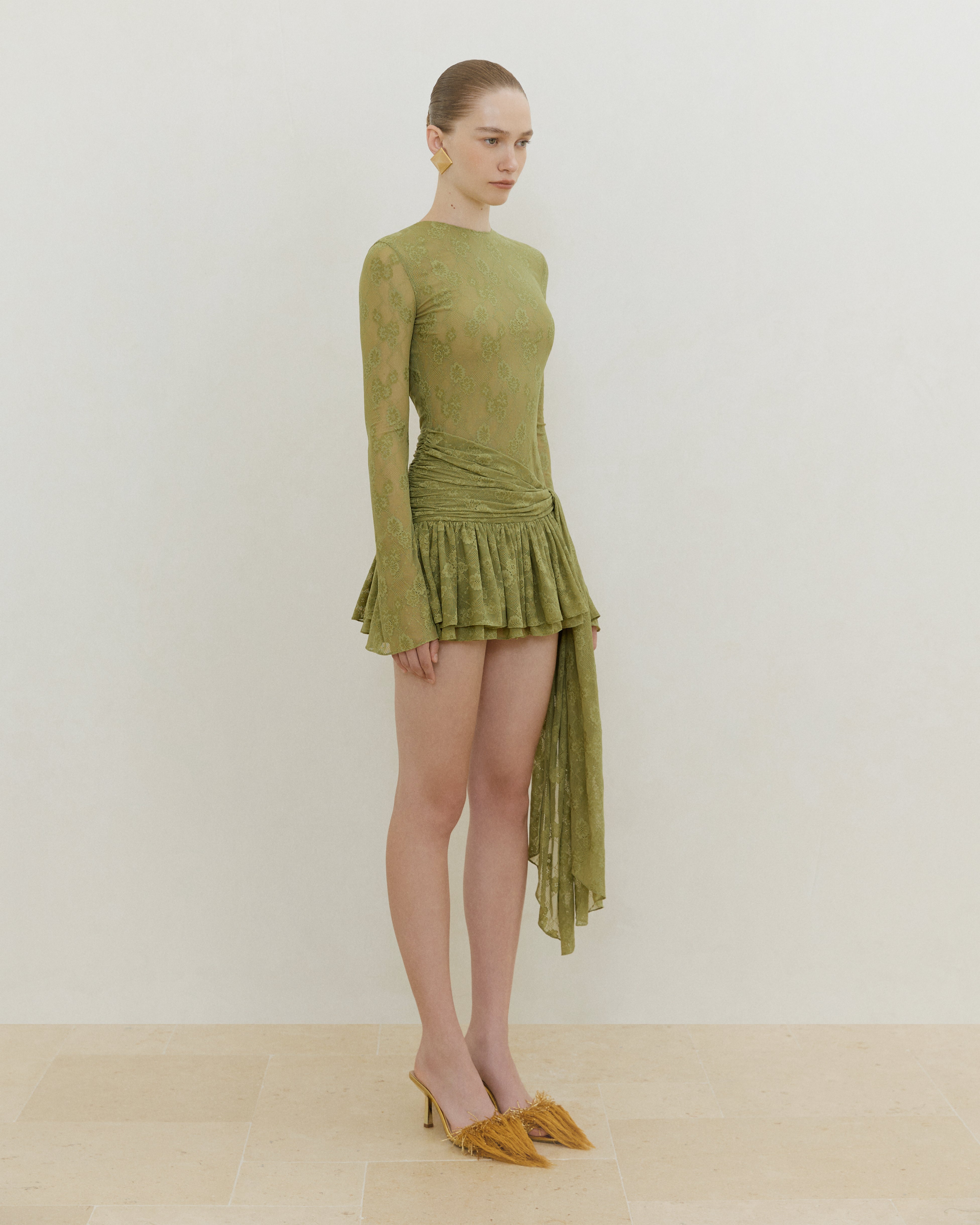 JERSEY LACE DRAPED MINI DRESS