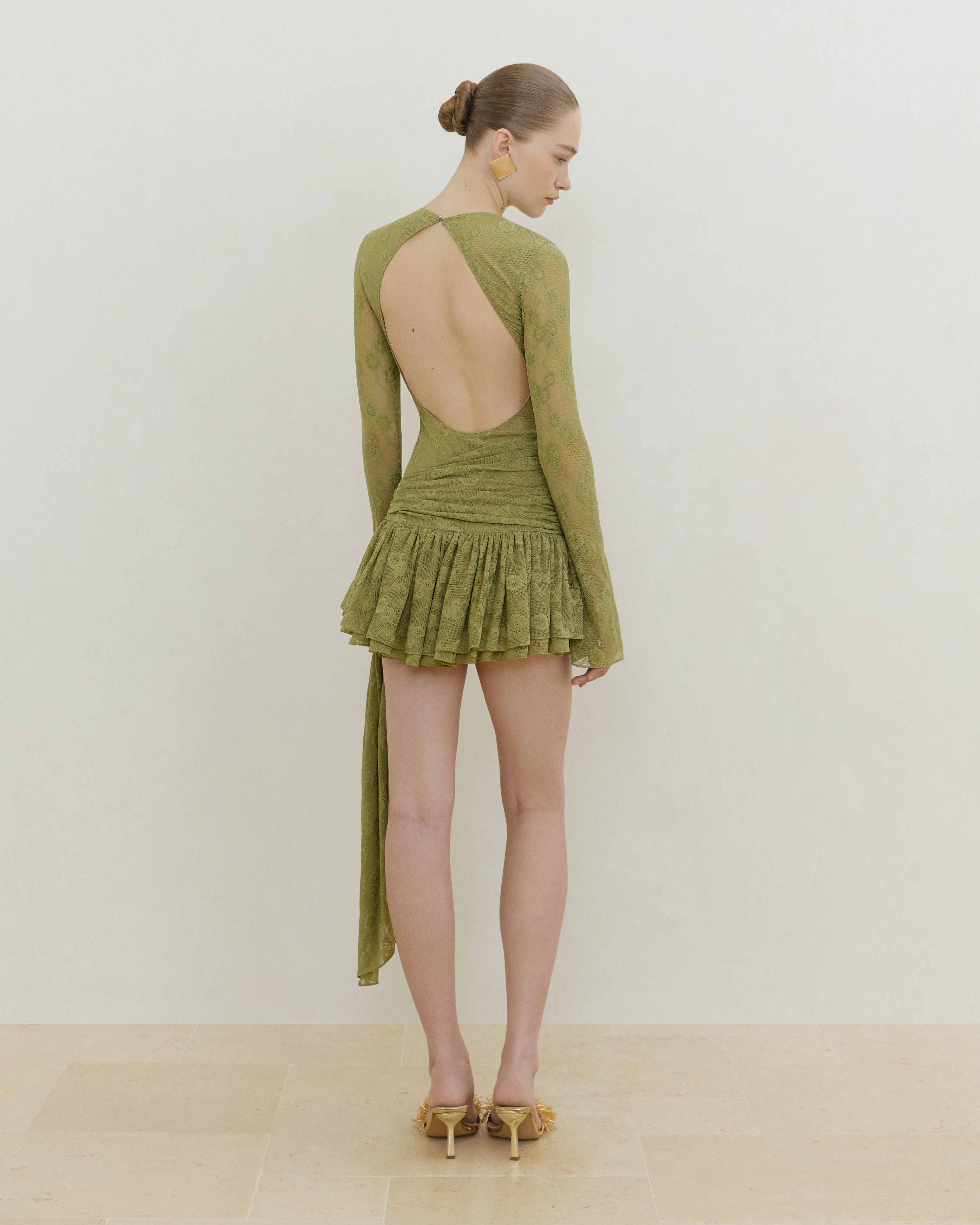 JERSEY LACE DRAPED MINI DRESS