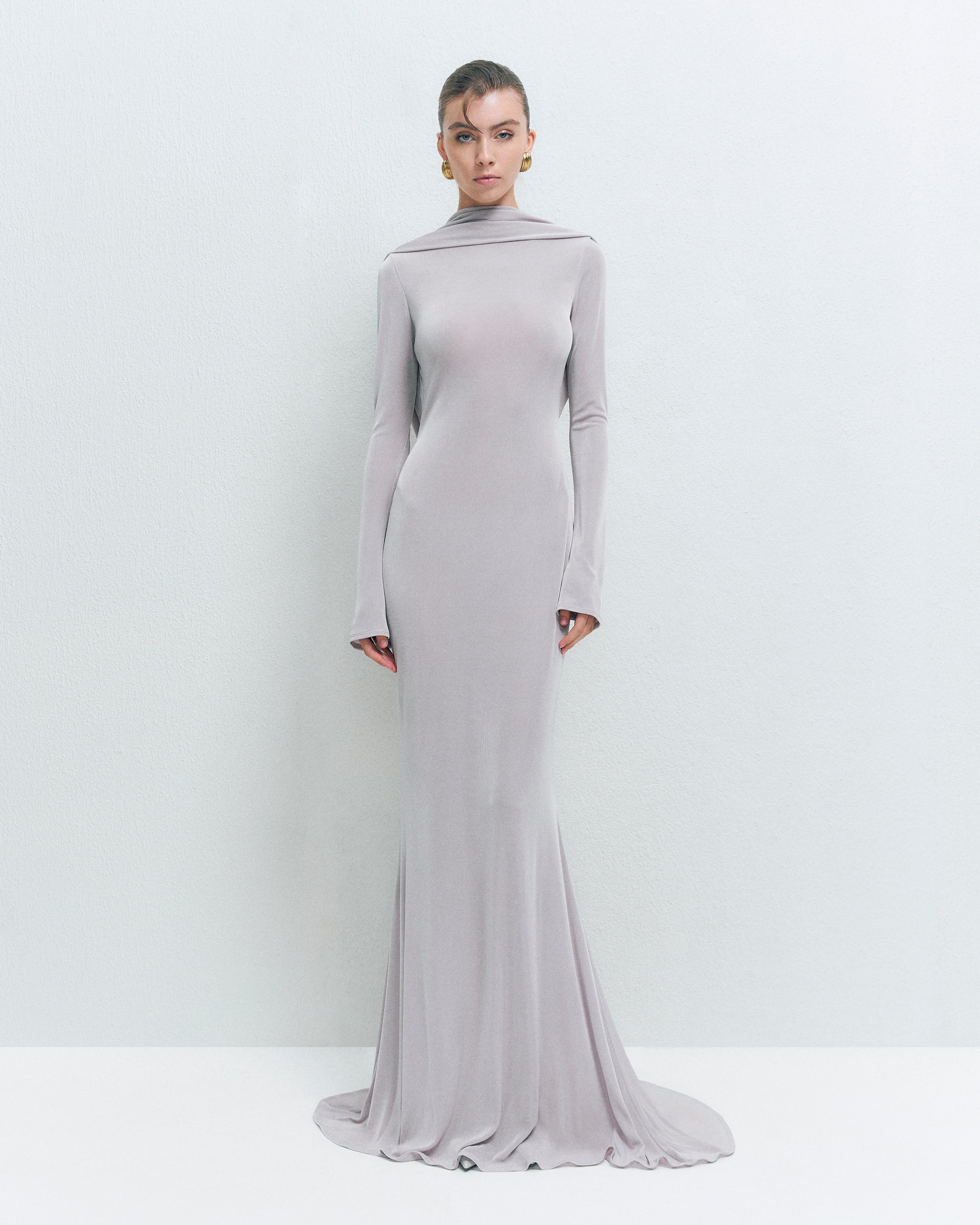 DRAPED BACKLESS JERSEY MAXI DRESS
