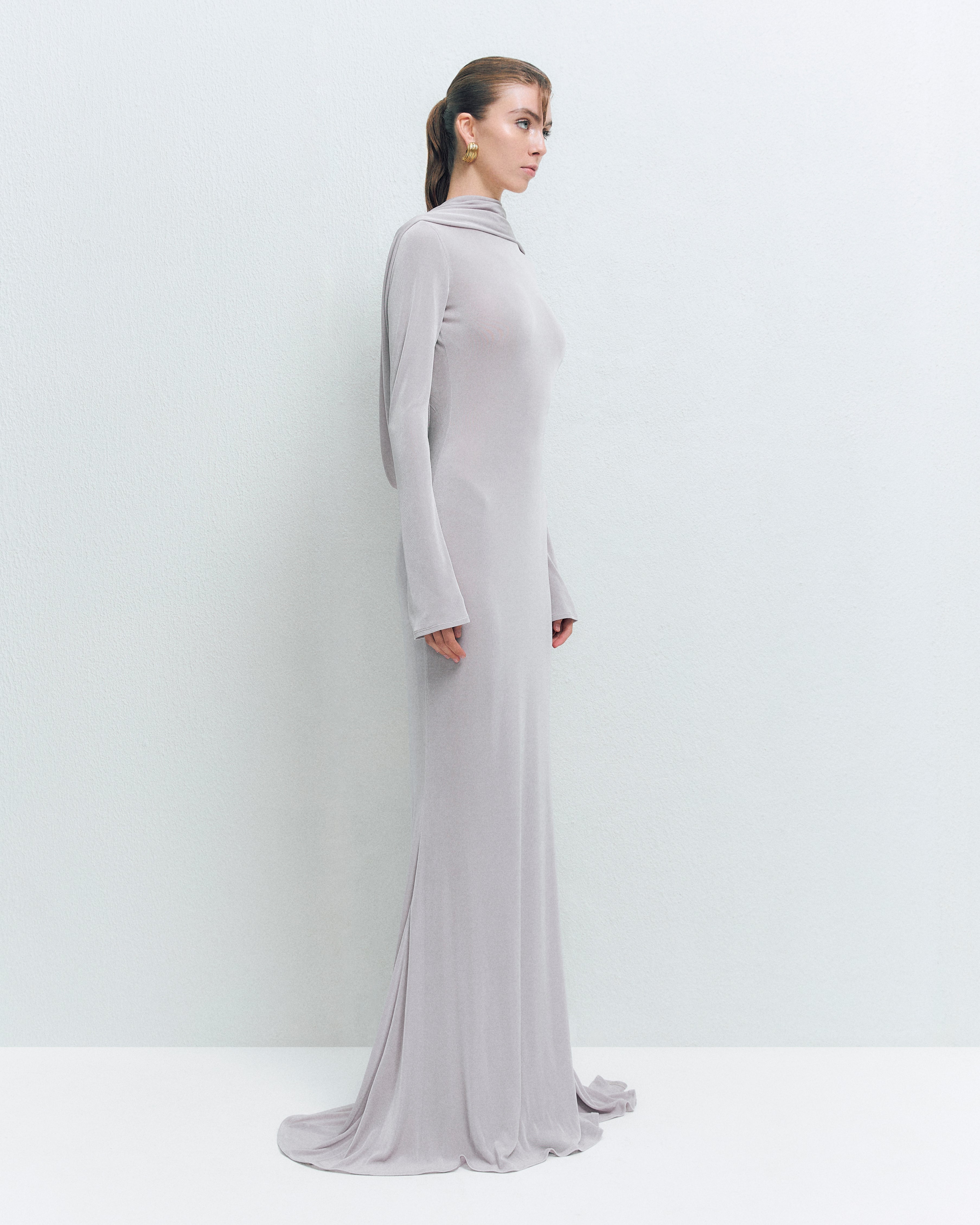 DRAPED BACKLESS JERSEY MAXI DRESS