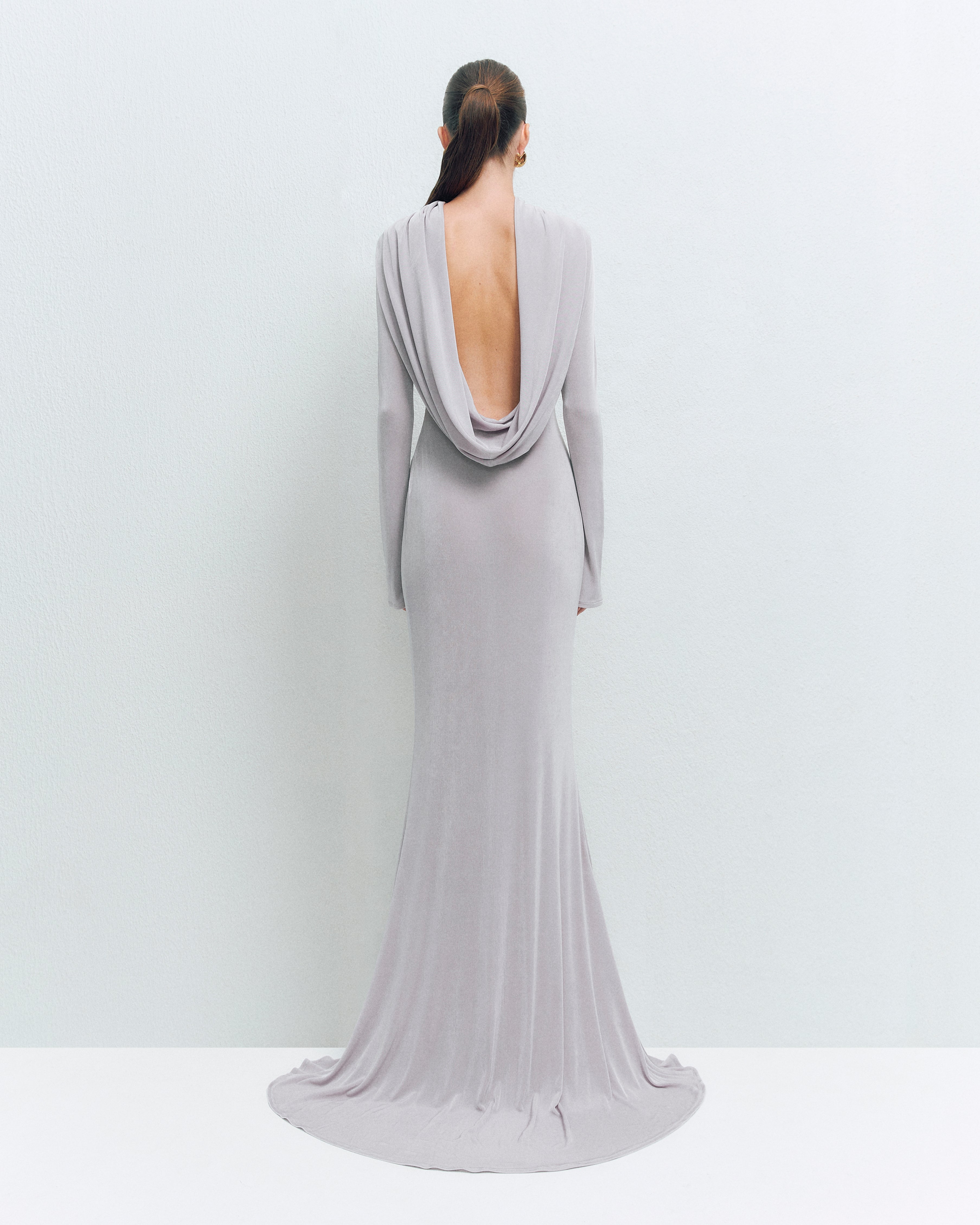 DRAPED BACKLESS JERSEY MAXI DRESS