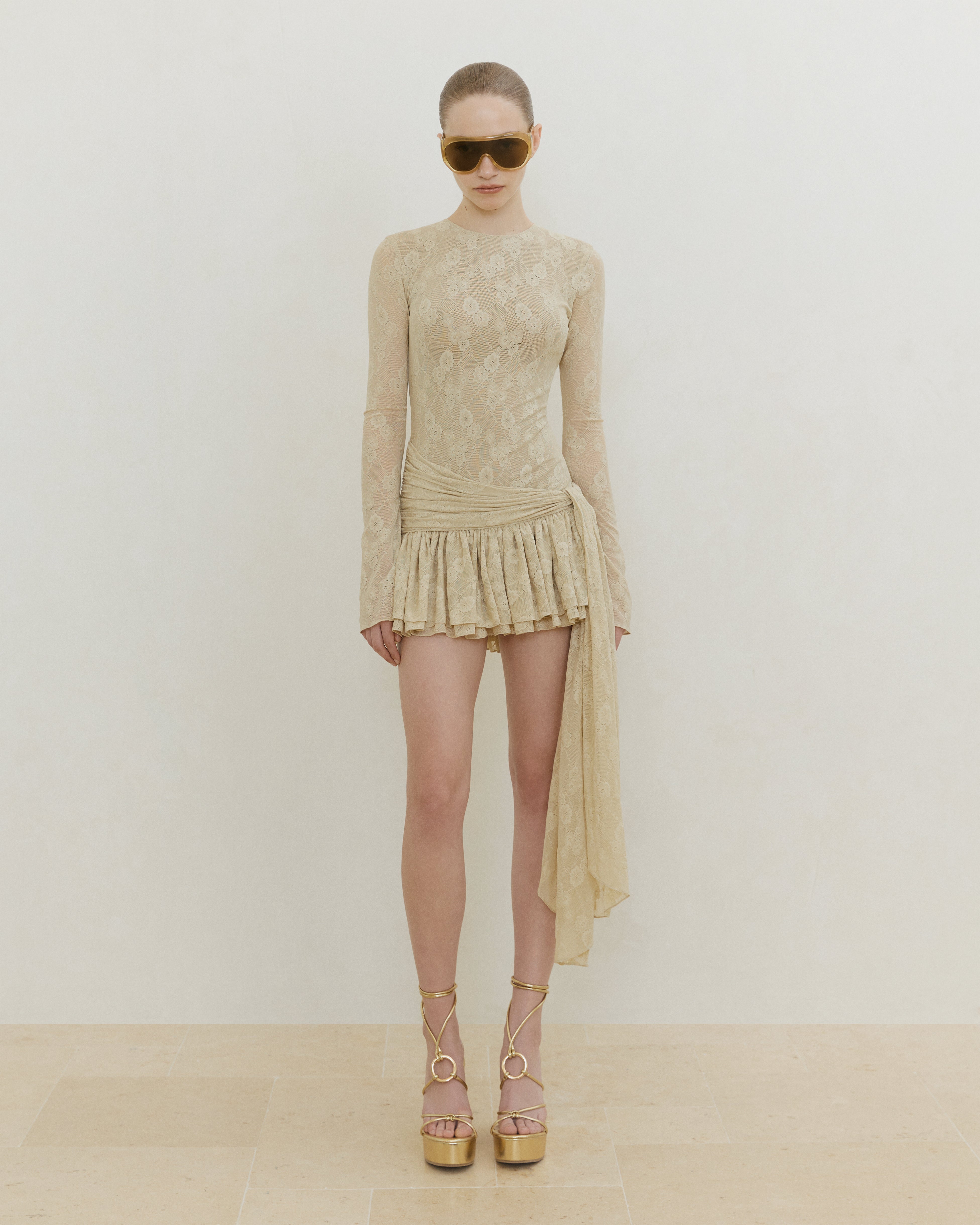 JERSEY LACE DRAPED MINI DRESS