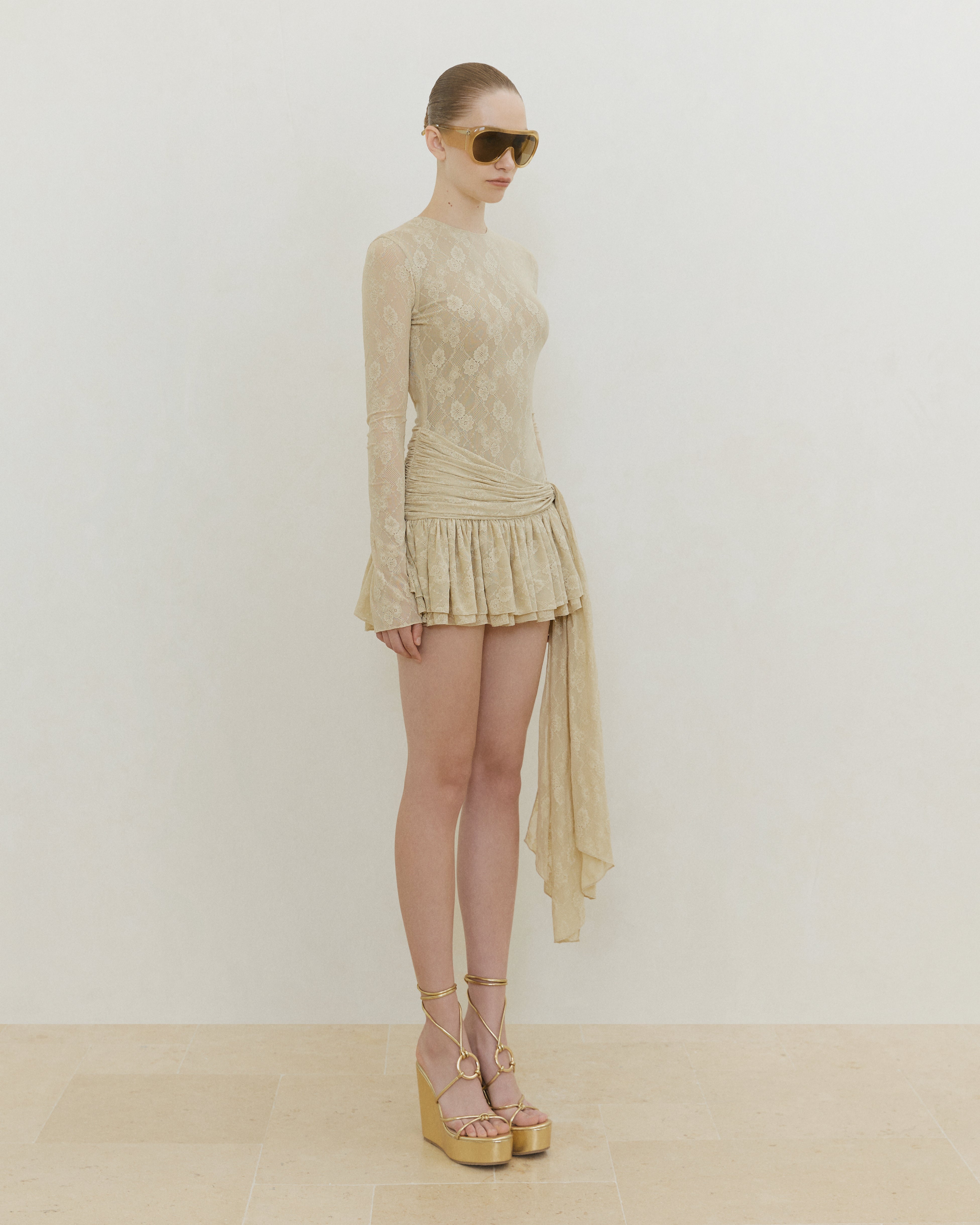 JERSEY LACE DRAPED MINI DRESS