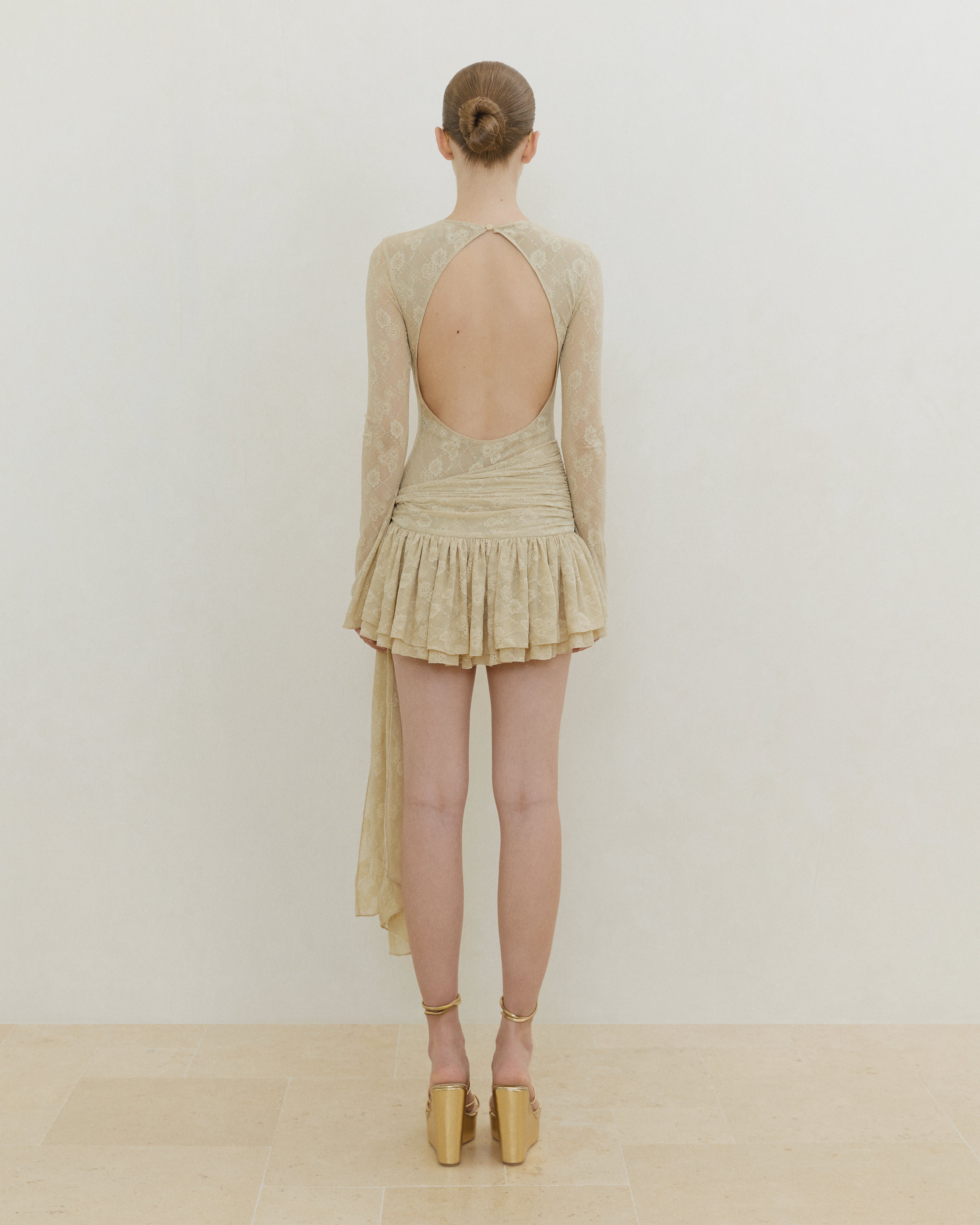 JERSEY LACE DRAPED MINI DRESS