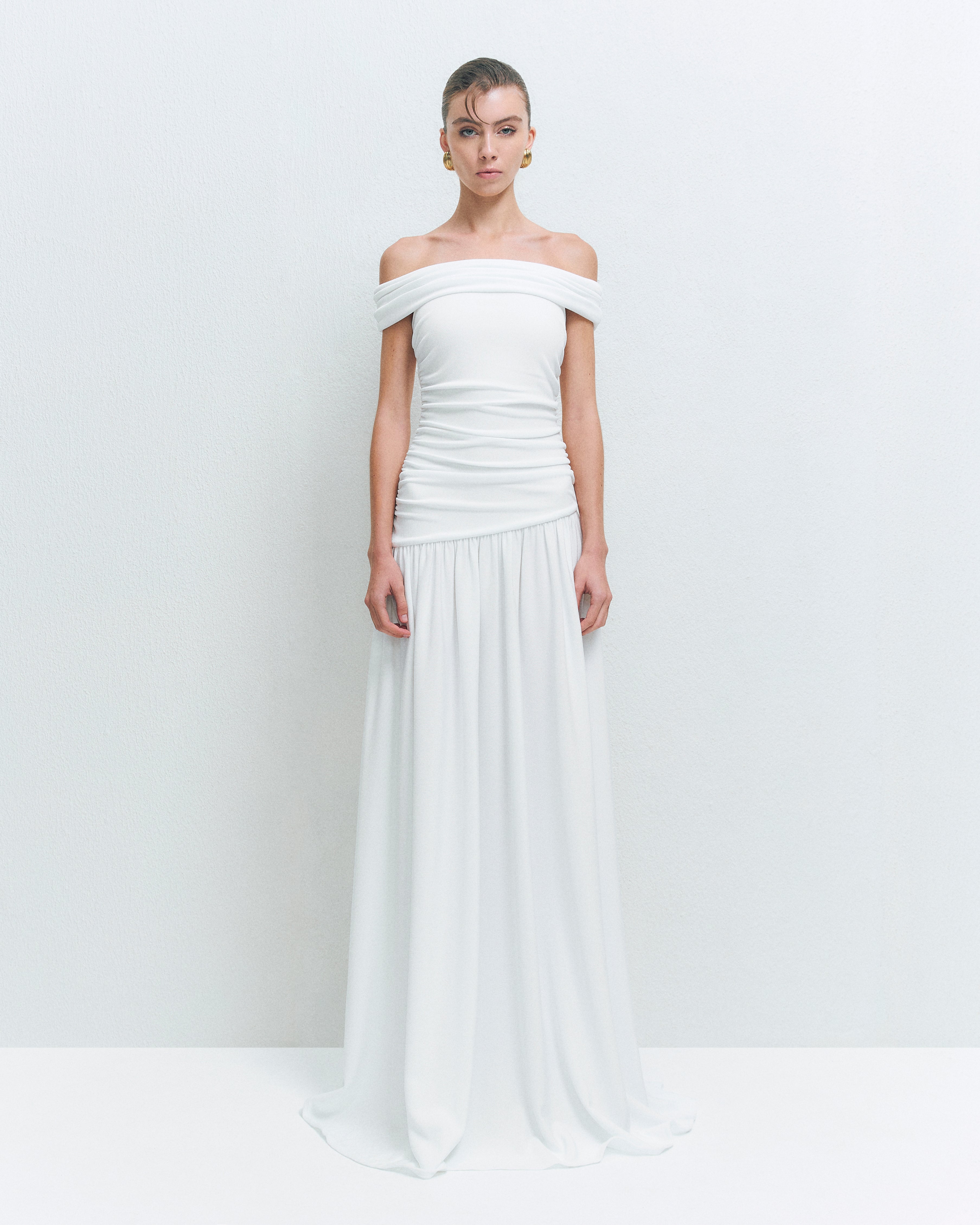 OFF-SHOULDER RUCHED MAXI DRESS