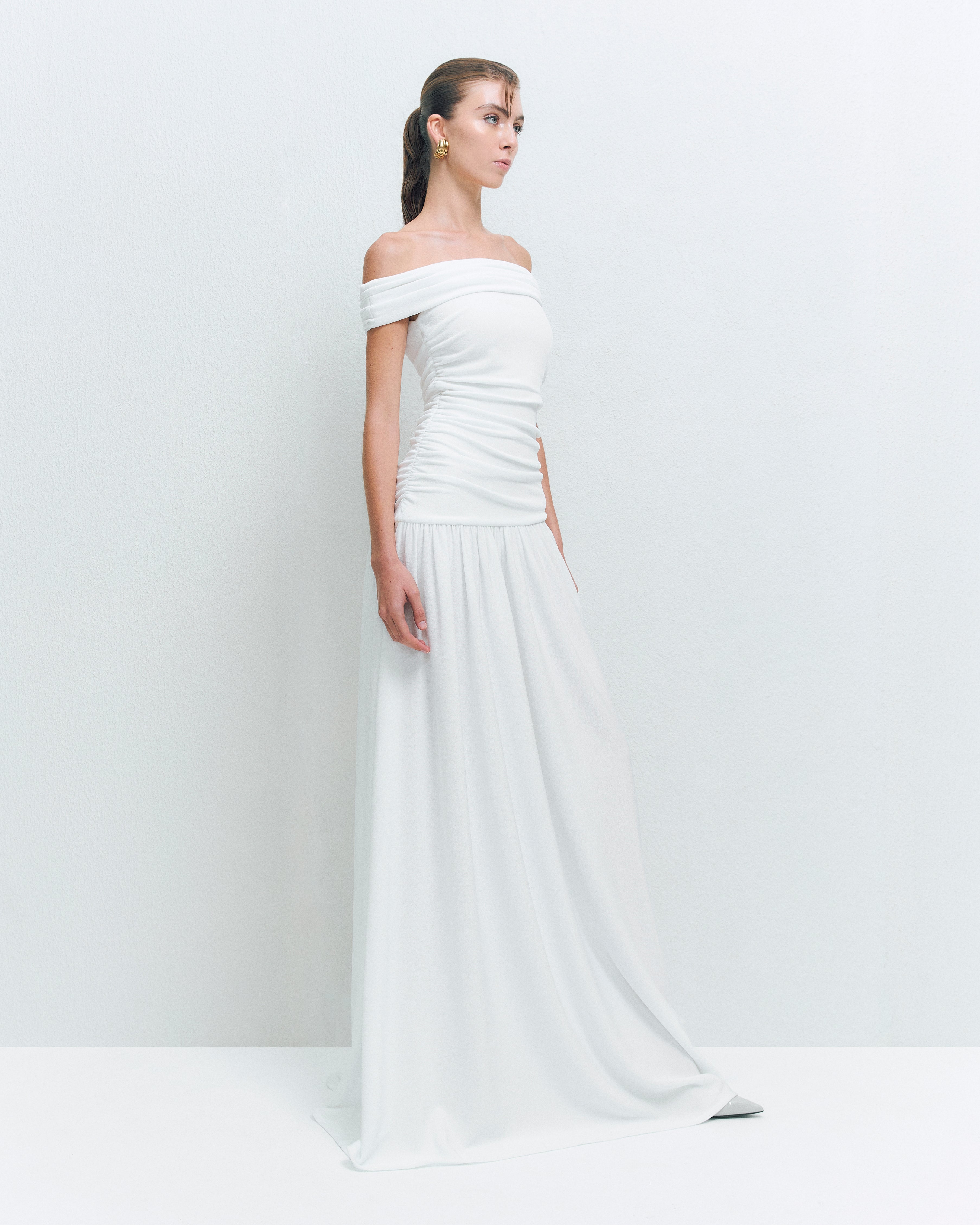 OFF-SHOULDER RUCHED MAXI DRESS