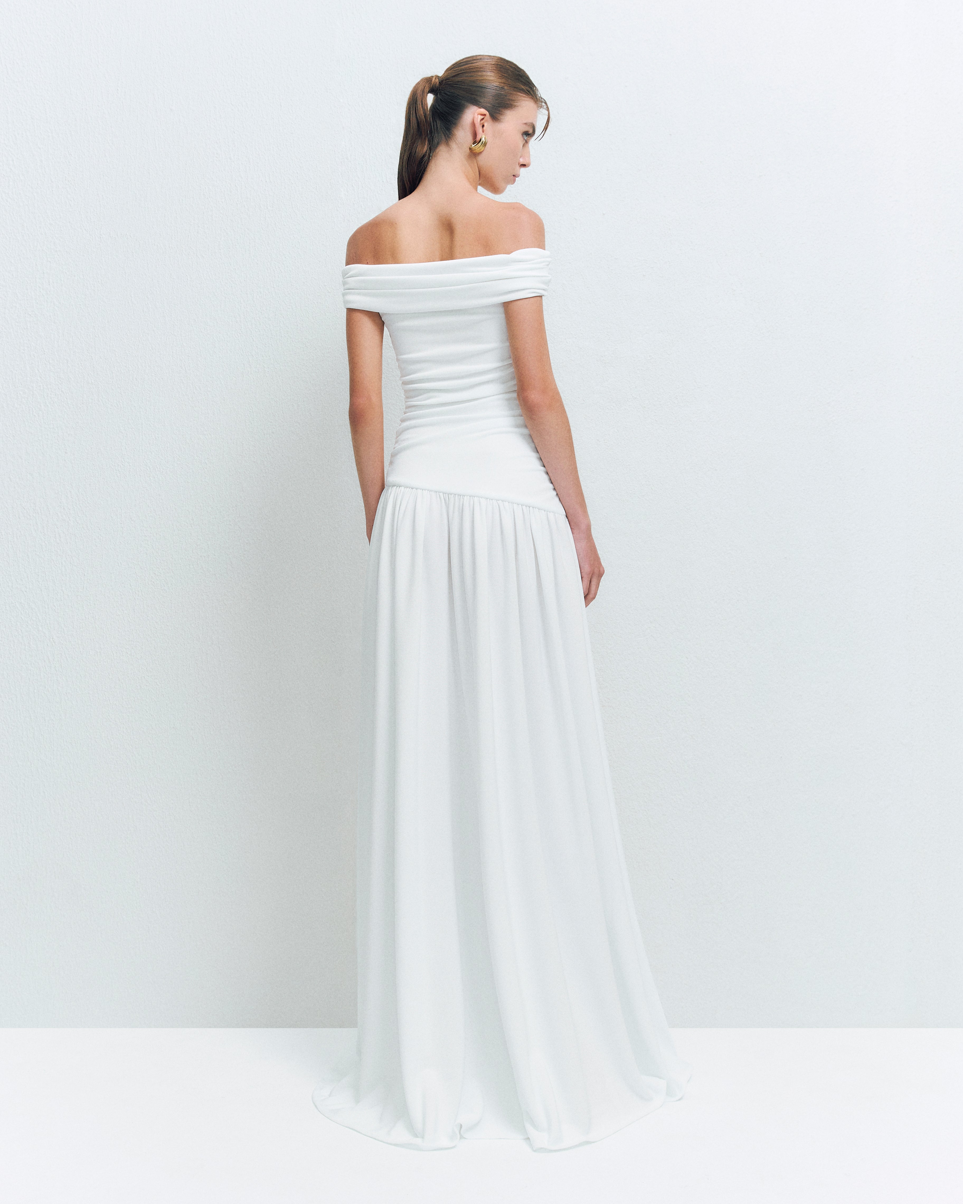 OFF-SHOULDER RUCHED MAXI DRESS