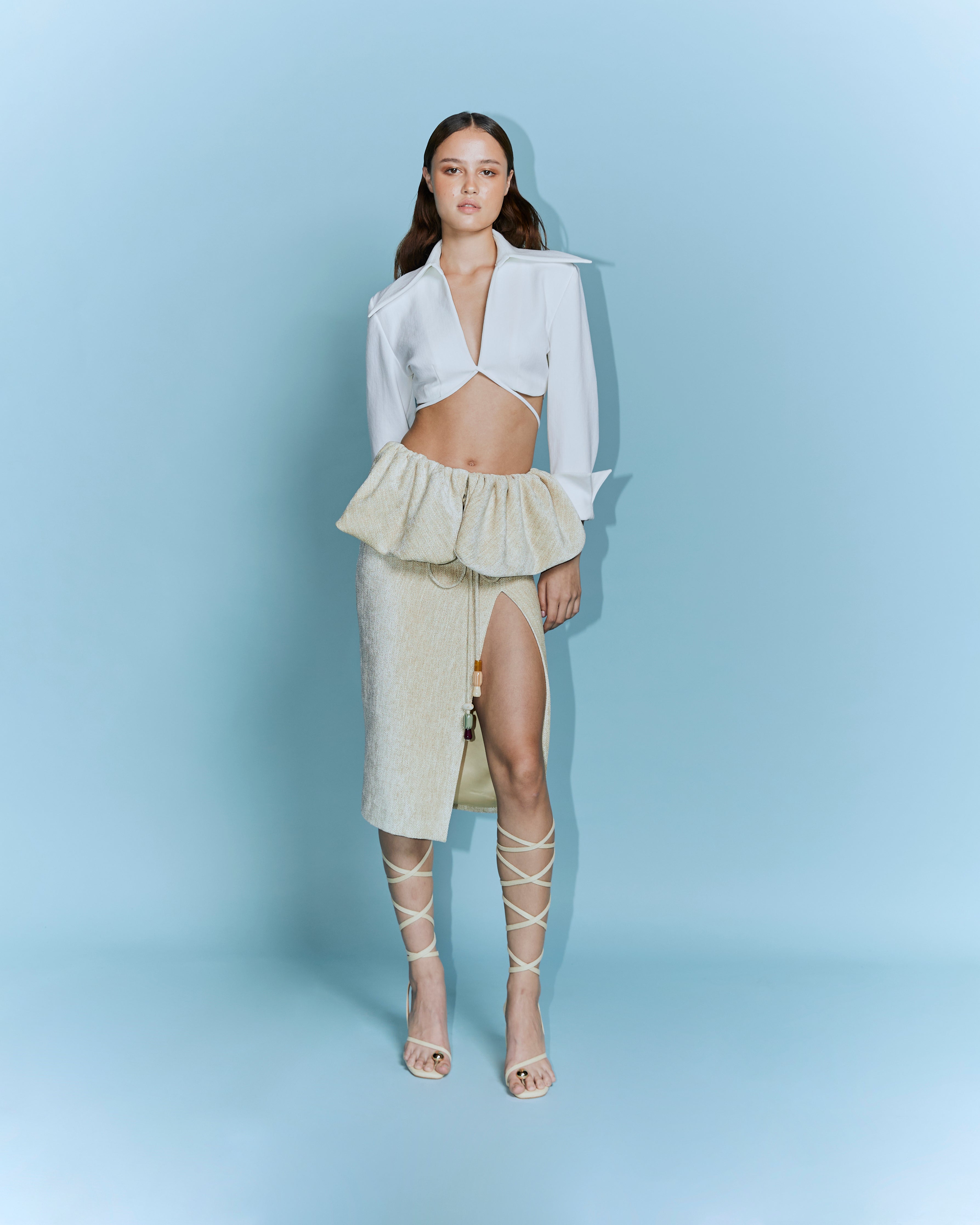 Woven Herringbone Midi Skirt