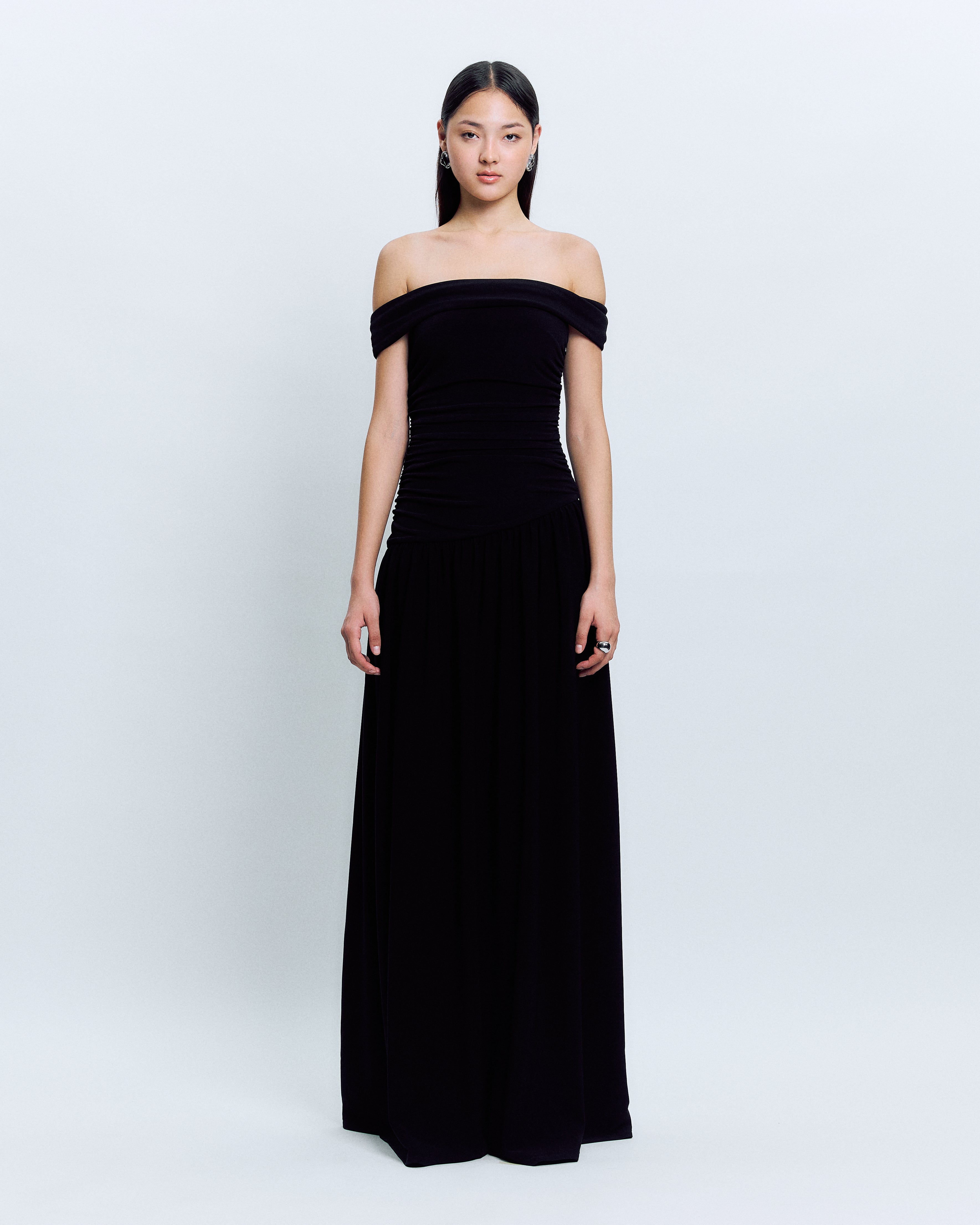 OFF-SHOULDER RUCHED MAXI DRESS