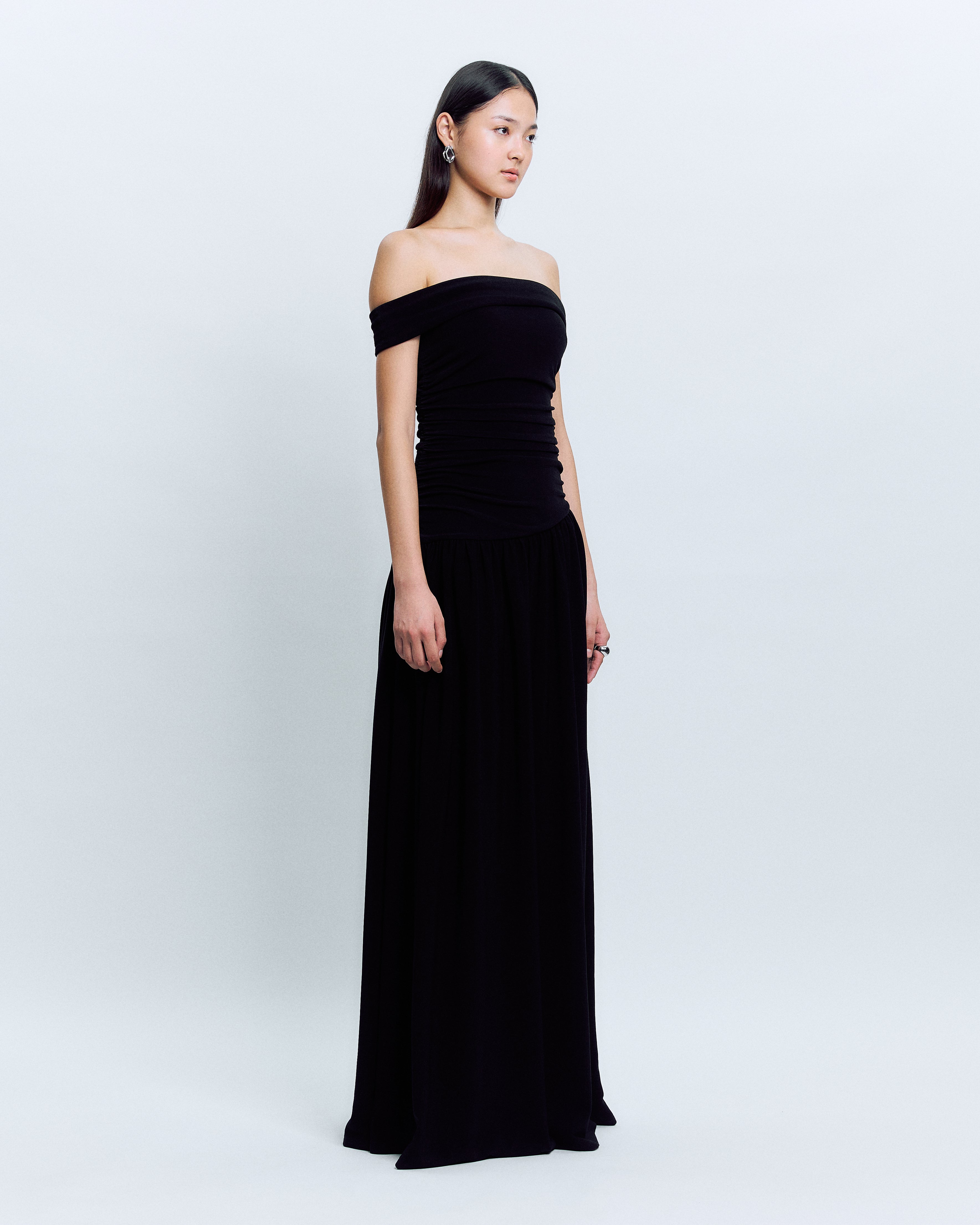 OFF-SHOULDER RUCHED MAXI DRESS