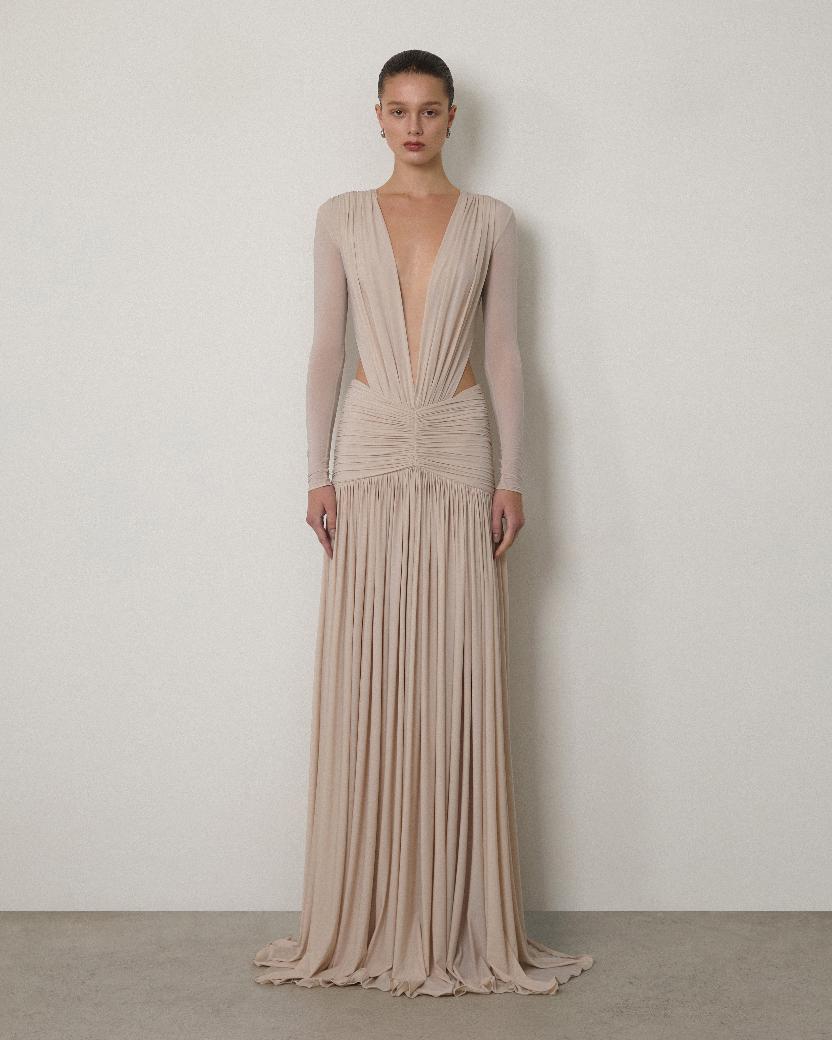 LONG-SLEEVE DRAPED V-NECK MAXI GOWN