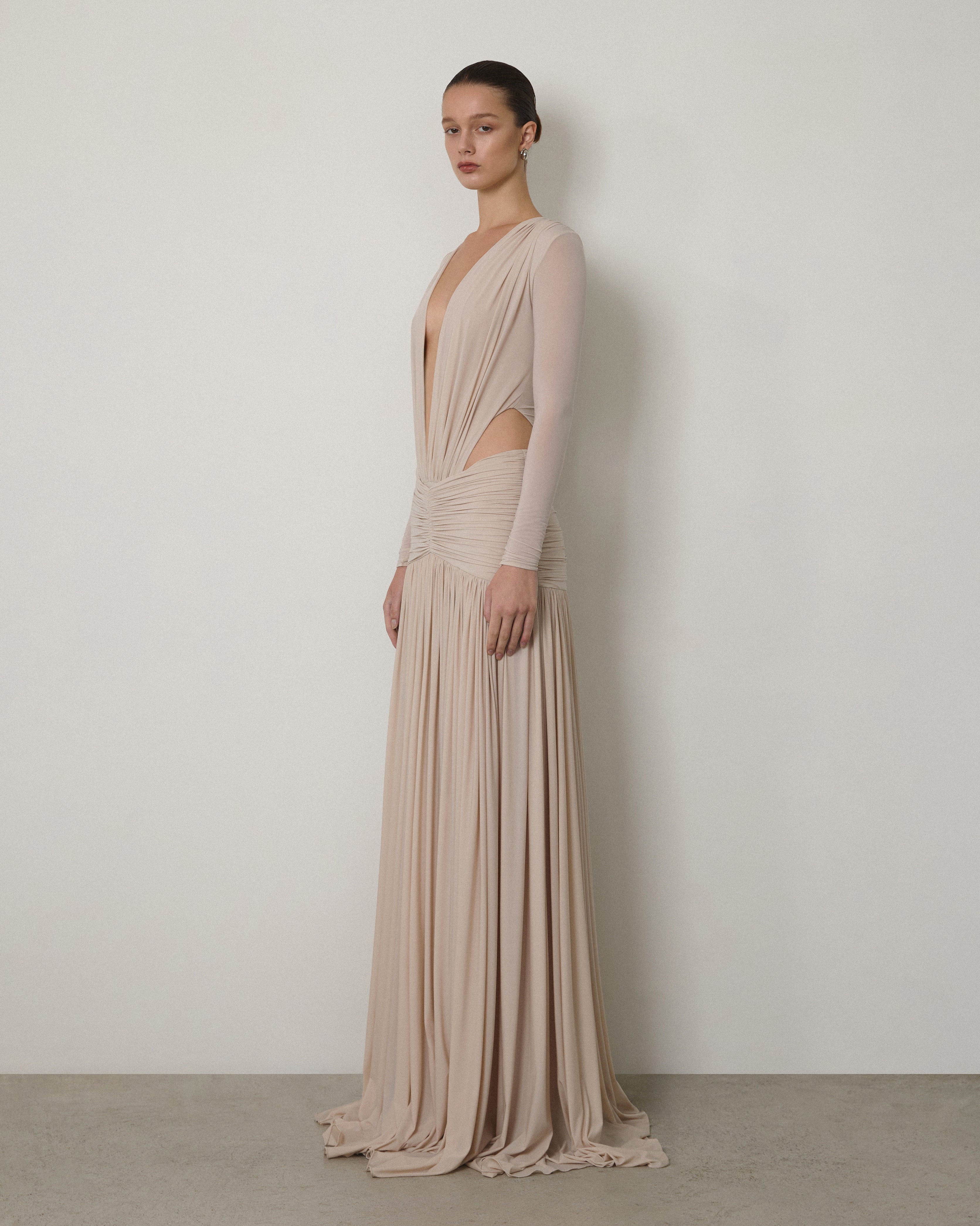 LONG-SLEEVE DRAPED V-NECK MAXI GOWN