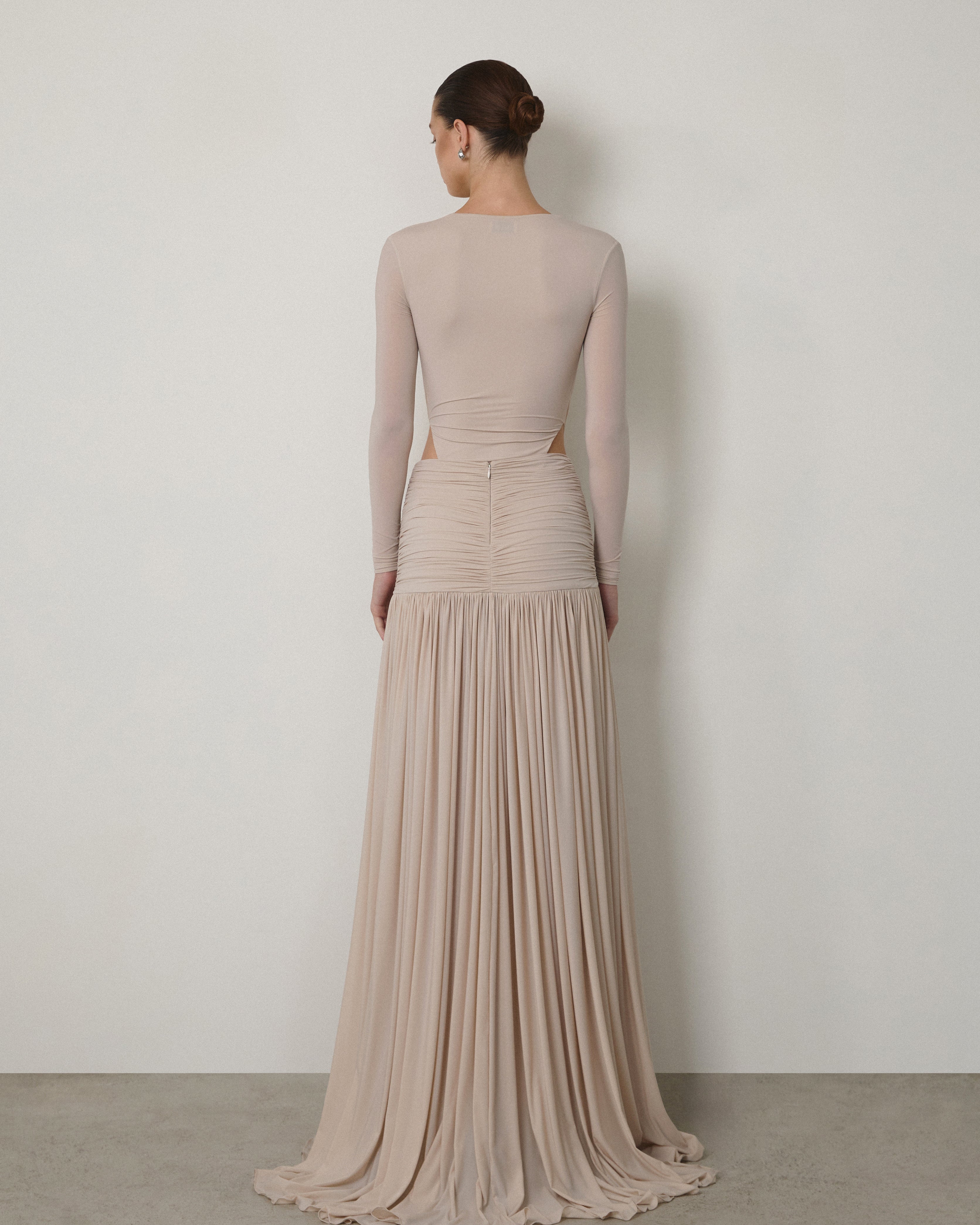 LONG-SLEEVE DRAPED V-NECK MAXI GOWN