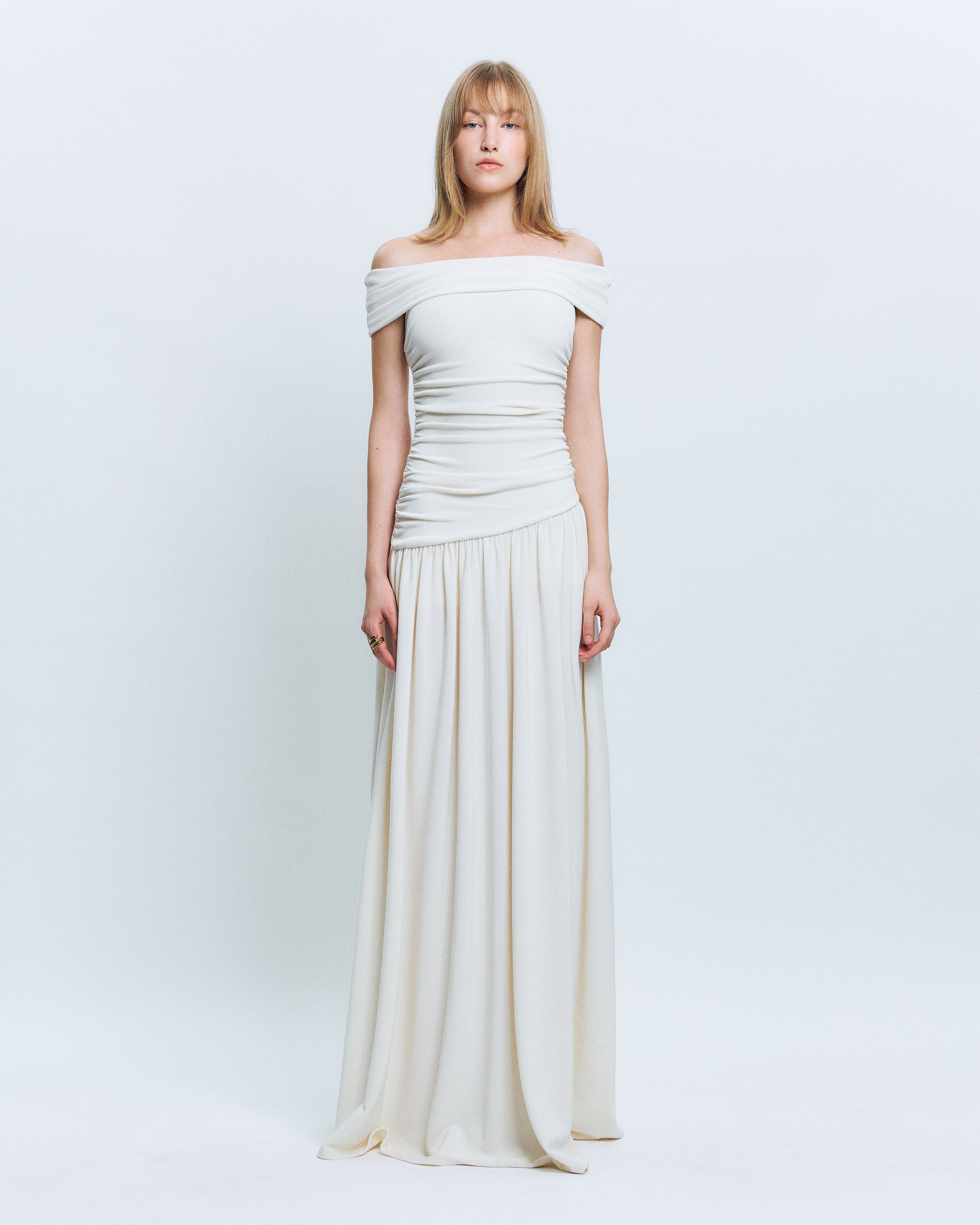 OFF-SHOULDER RUCHED MAXI DRESS