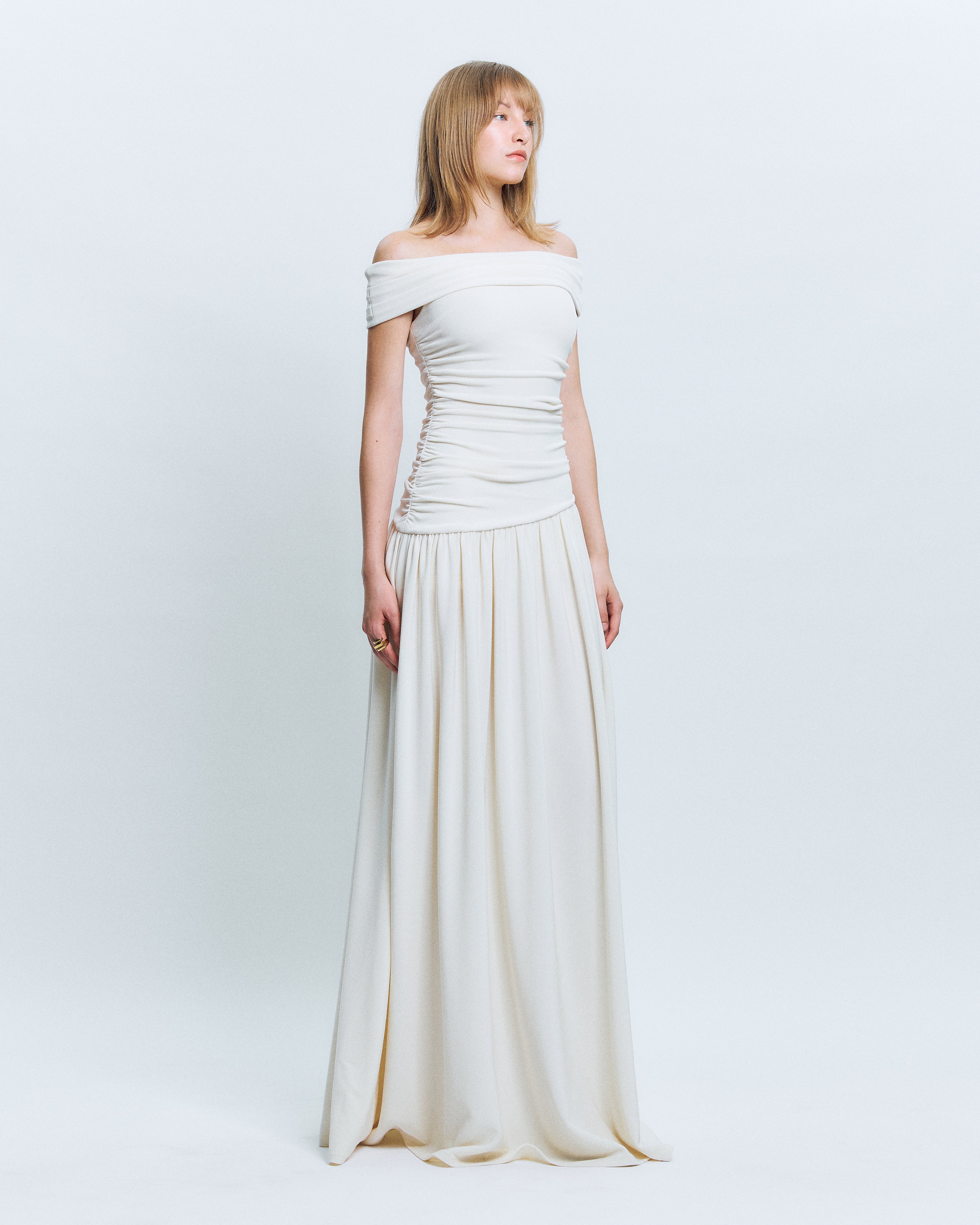 OFF-SHOULDER RUCHED MAXI DRESS