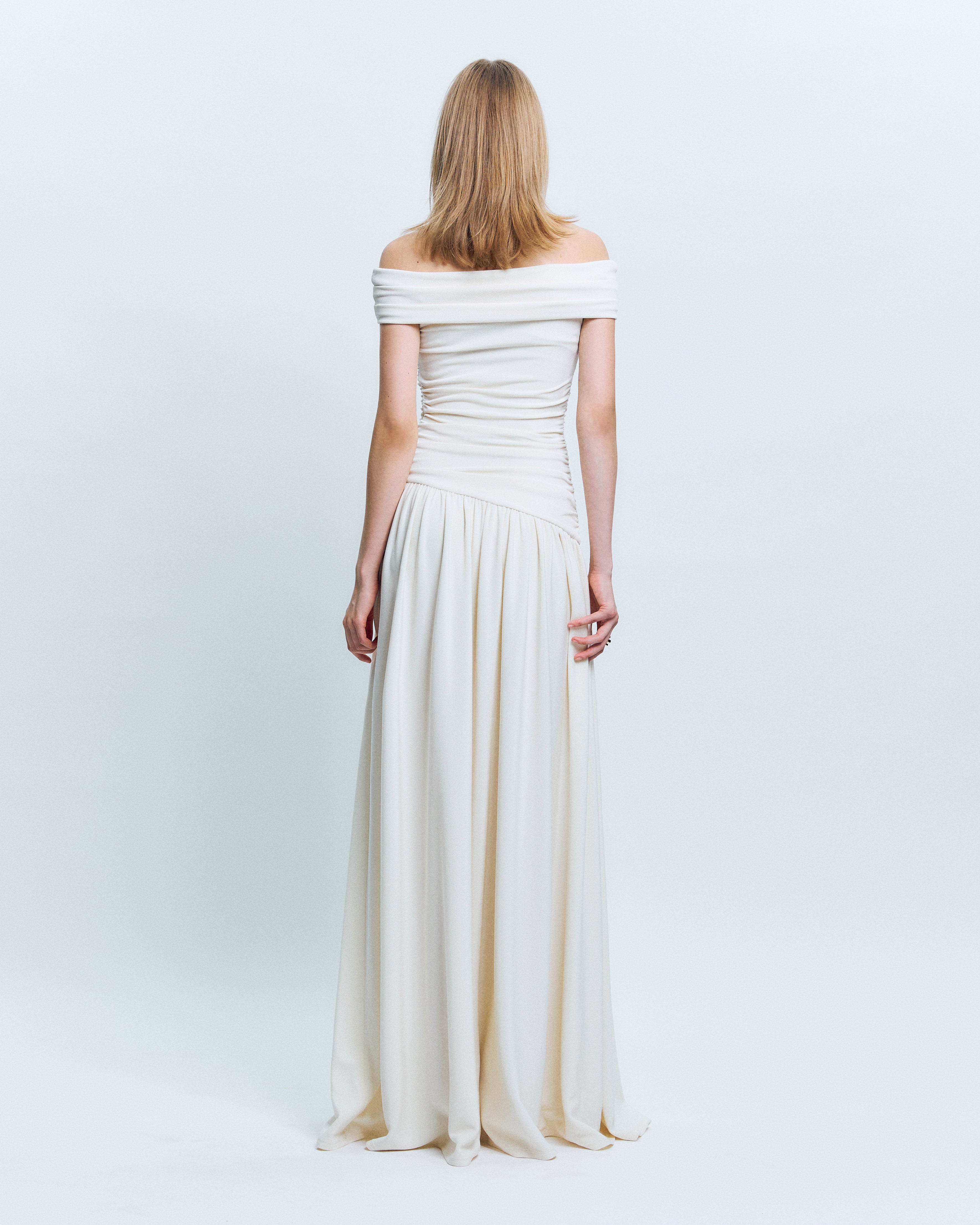 OFF-SHOULDER RUCHED MAXI DRESS