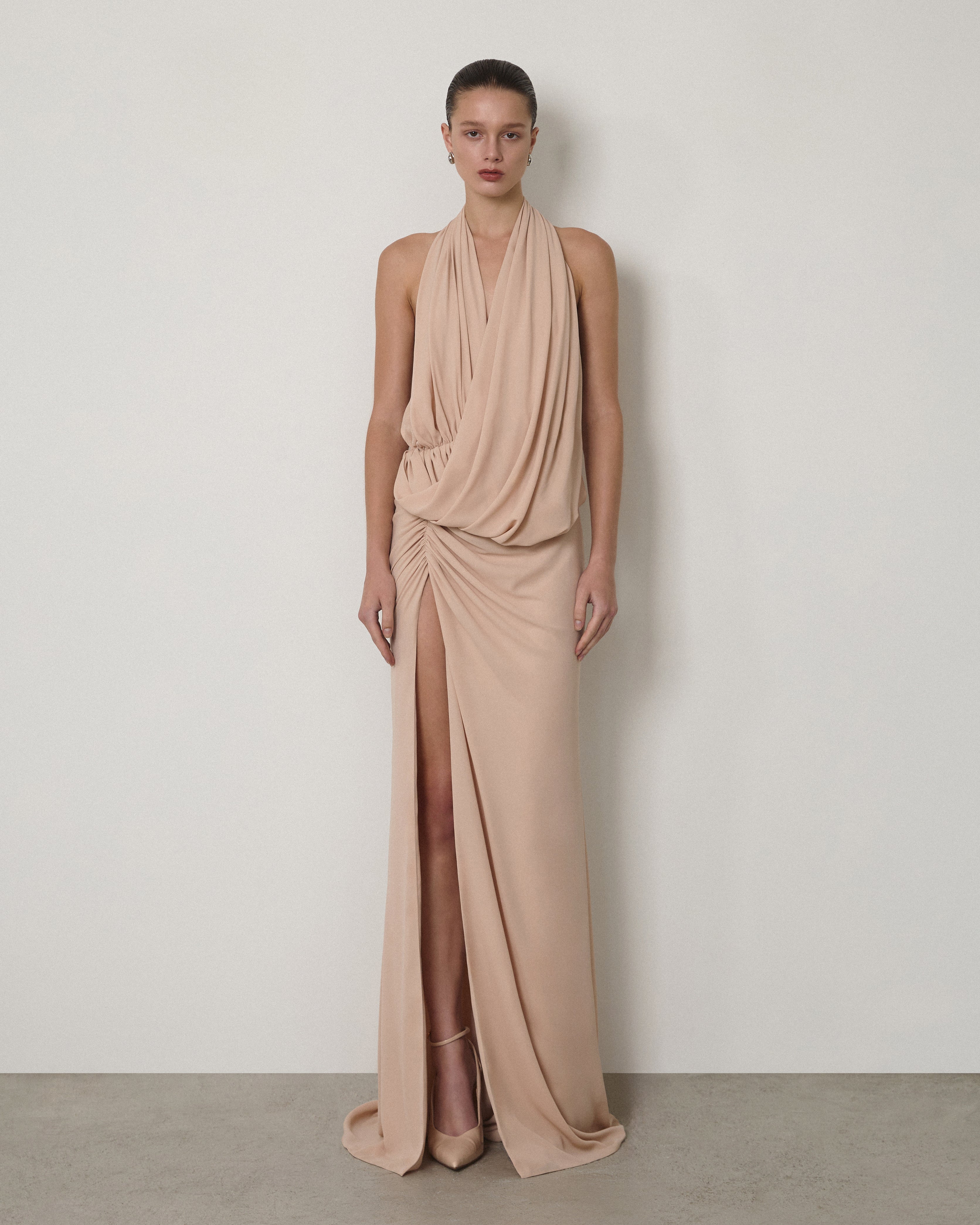 DRAPED SLEEVELESS V-NECK MAXI GOWN