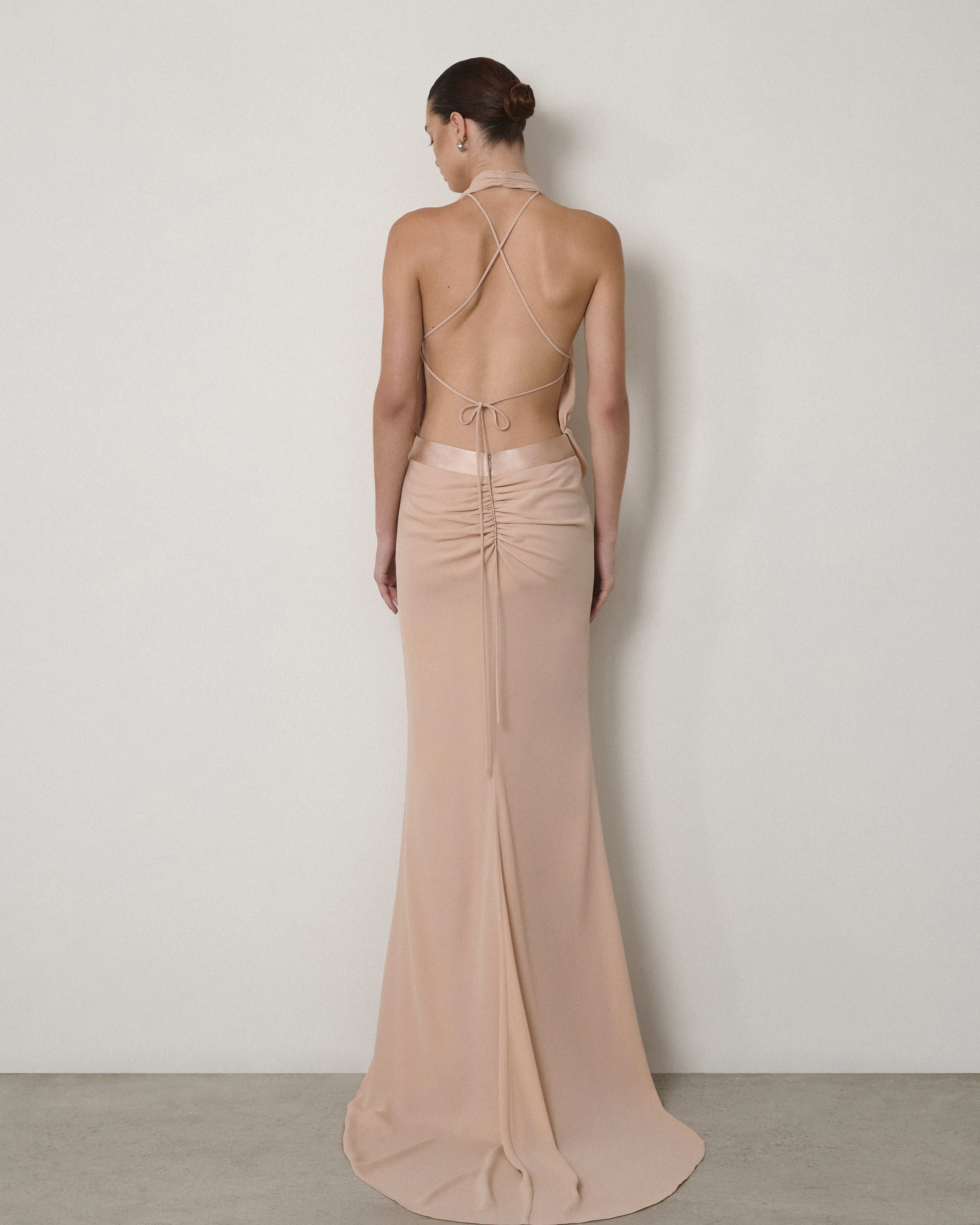 DRAPED SLEEVELESS V-NECK MAXI GOWN